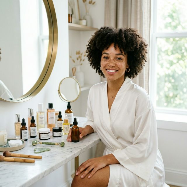 Woman at vanity with complete skincare starter kit collection